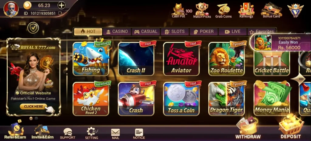 royal casino game dashboard